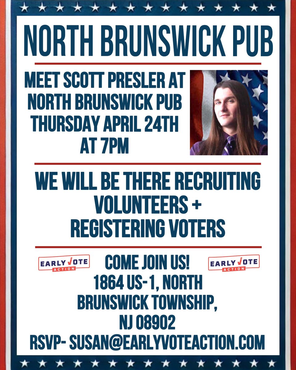 ScottPresler's tweet image. Tonight, we’ll be registering voters at the North Brunswick Pub @ 7 p.m.

Out in the field working for you every single day. 

See you there!