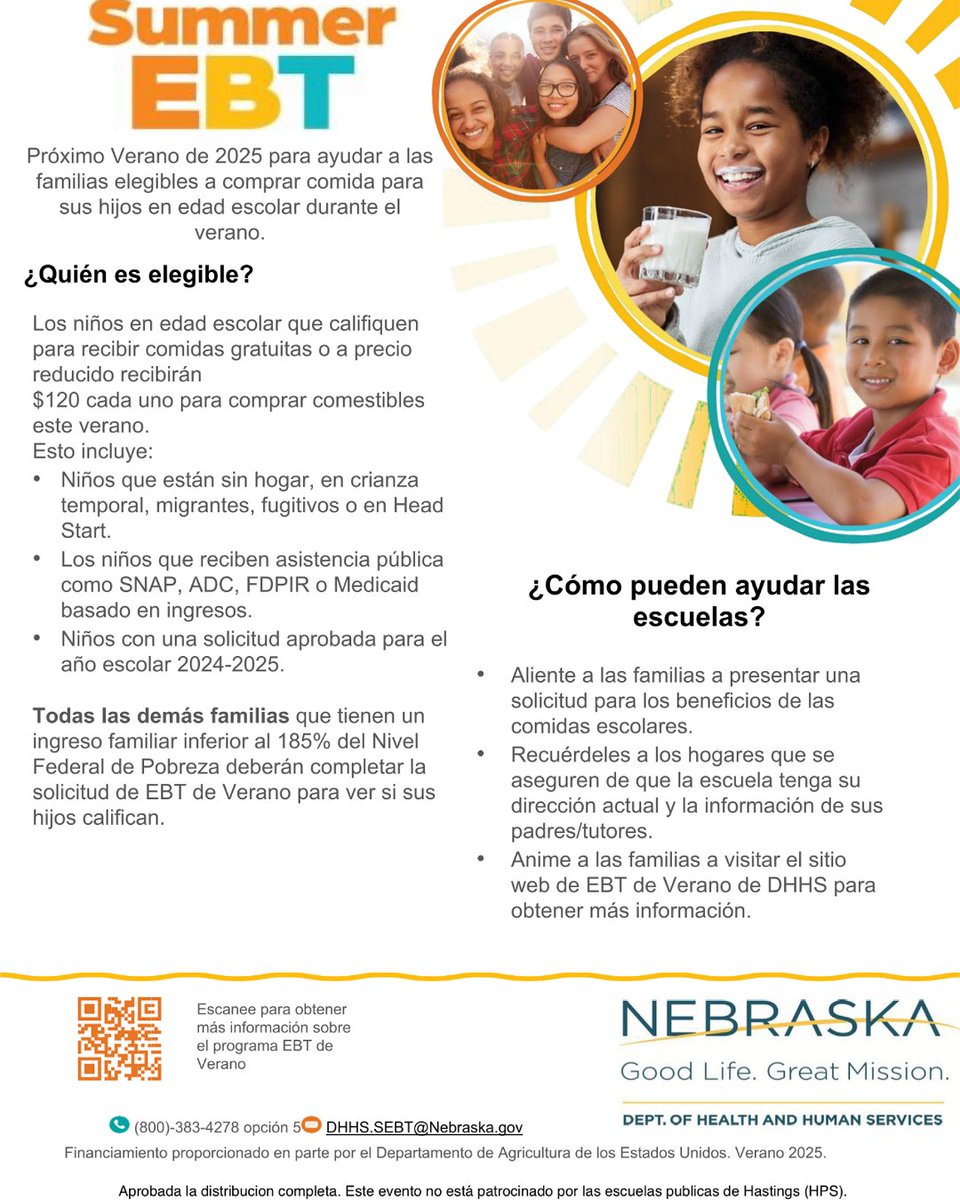 Summer EBT will help eligible families buy food for their school-aged children during the summer.
fns.usda.gov/summer

This event is not sponsored by Hastings Public Schools.
Este evento no está patrocinado por las escuelas publicas de Hastings (HPS).