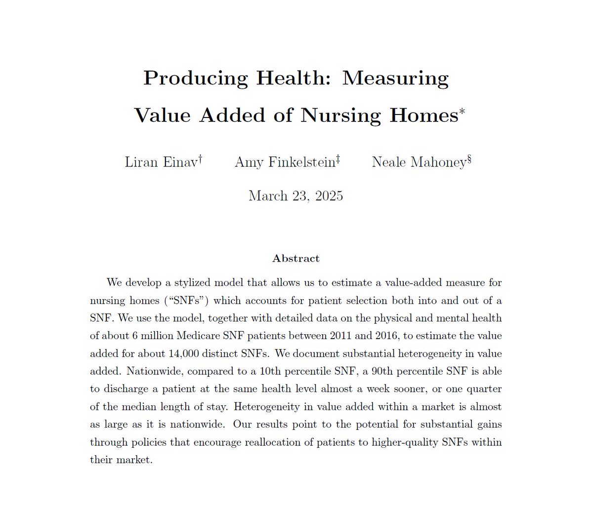 Econometrica (@ecmaeditors) on Twitter photo Value-added estimates for 14,000 nursing homes show substantial within-market heterogeneity, pointing to gains from policies that encourage patient reallocation. <a href="/liraneinav/">Liran Einav</a>, Amy Finkelstein, <a href="/nealemahoney/">Neale Mahoney</a> econometricsociety.org/publications/e… Value-added estimates for 14,000 nursing homes show substantial within-market heterogeneity, pointing to gains from policies that encourage patient reallocation. <a href="/liraneinav/">Liran Einav</a>, Amy Finkelstein, <a href="/nealemahoney/">Neale Mahoney</a> econometricsociety.org/publications/e…