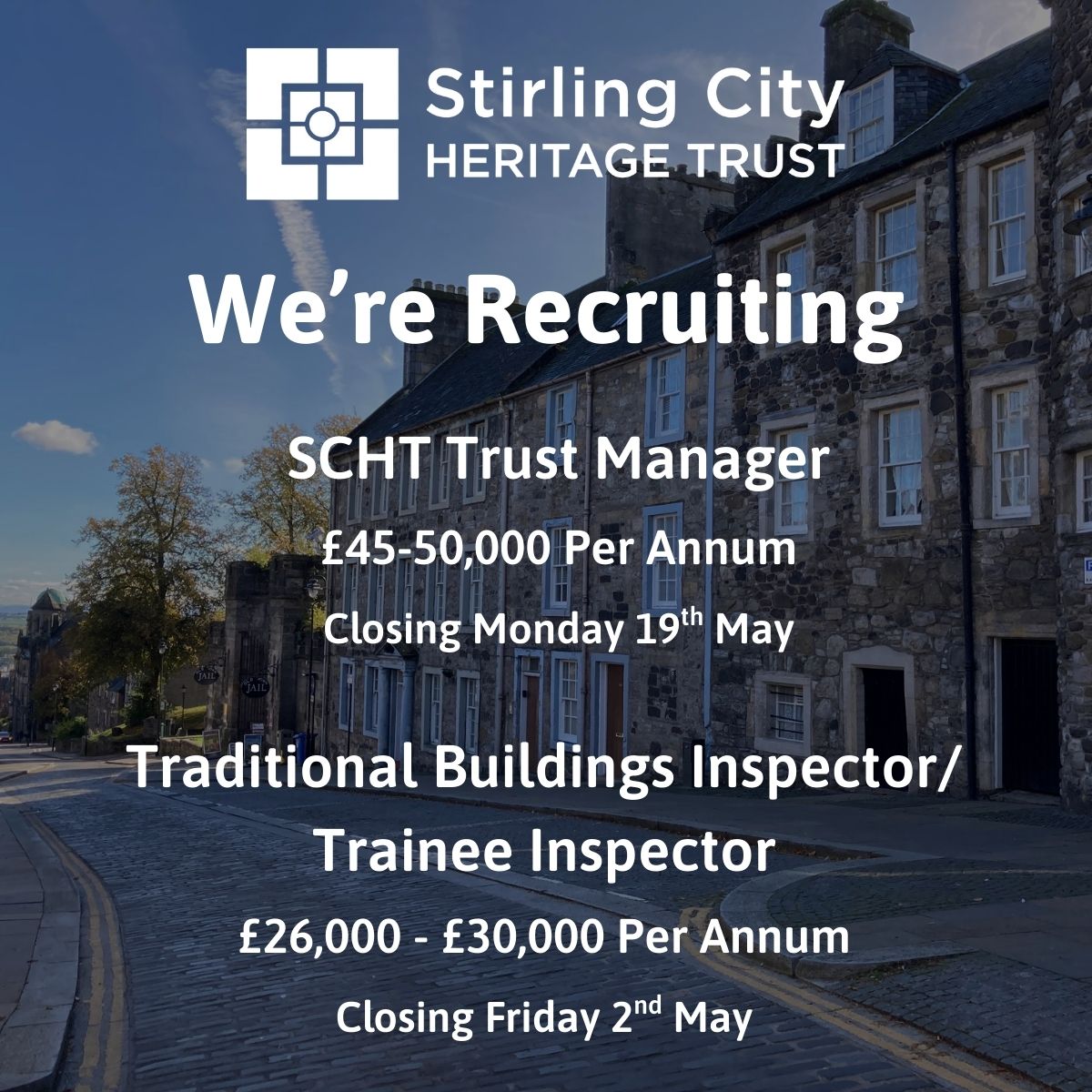 📢 We have two exciting opportunities open for applications! We’re hiring:

SCHT Trust Manager
📅 Closing 19th May

Traditional Buildings Inspector/Trainee Inspector
📅 Closing 2nd May

For job details and how to apply visit: bit.ly/SCHTcareers