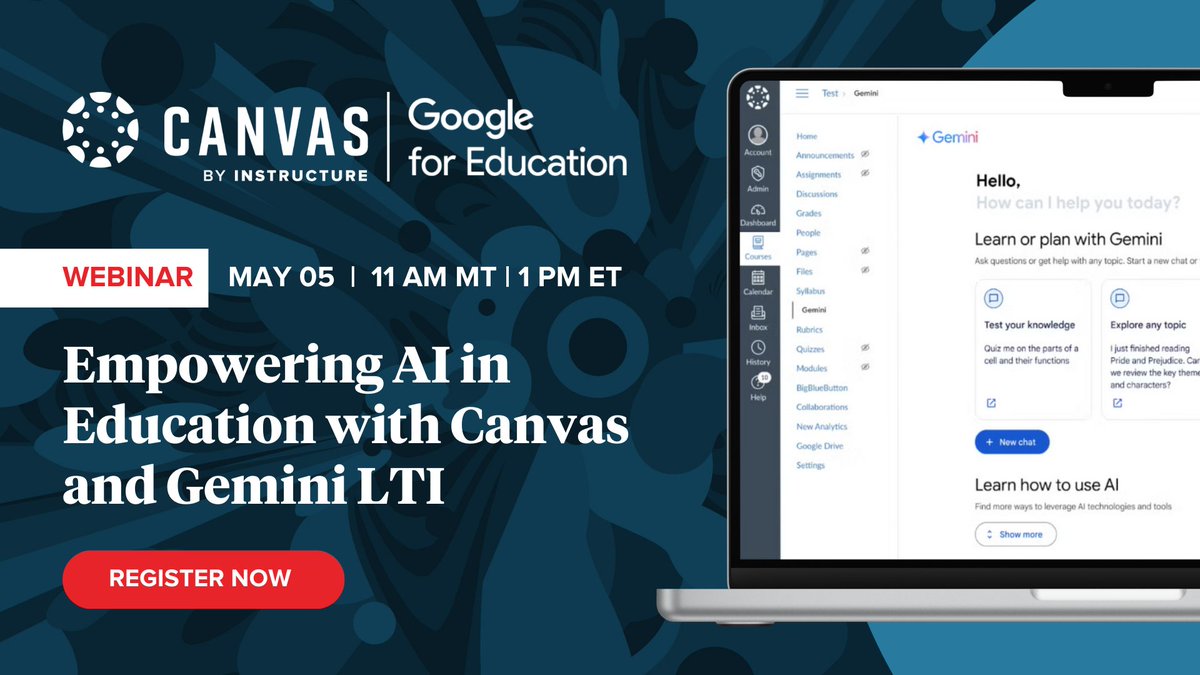 Instructure (@instructure) on Twitter photo Ready to boost your #AI game? 🚀
Join us and <a href="/GoogleForEdu/">Google for Education</a> to explore how #GeminiLTI brings AI into #CanvasLMS, transforming Higher Ed & K12. ✨
👉 Save your spot: bit.ly/3RZHZCj
#EdTech #Webinar Ready to boost your #AI game? 🚀
Join us and <a href="/GoogleForEdu/">Google for Education</a> to explore how #GeminiLTI brings AI into #CanvasLMS, transforming Higher Ed & K12. ✨
👉 Save your spot: bit.ly/3RZHZCj
#EdTech #Webinar