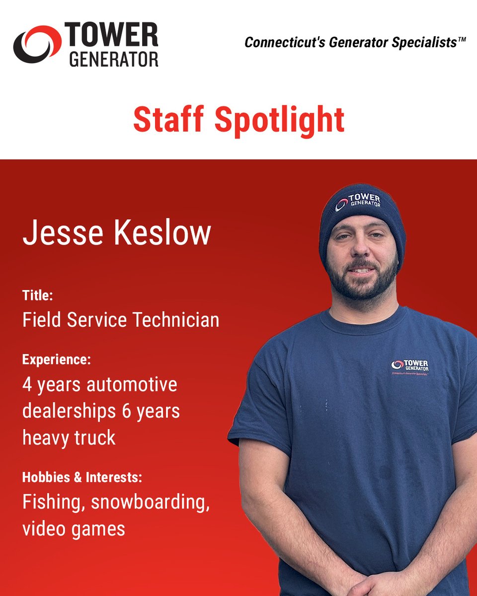TowerGenerator's tweet image. Meet Jesse, our talented Field Service Technician at Tower Generator! With 10 years of automotive expertise, Jesse brings technical know-how to our team. When he&apos;s not servicing generators, he enjoys fishing, snowboarding, and gaming. Learn more: hubs.ly/Q03hr_f90