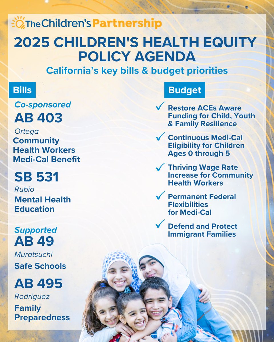 KidsPartnership's tweet image. In advance of the May #CABudget revise, here are the priorities we are fighting for. Check out the Children's #HealthEquity Policy Agenda from @KidsPartnership ➡️tinyurl.com/TCP25Policy
💪🏾All children, regardless of race, ethnicity or place of birth, should have the resources &…
