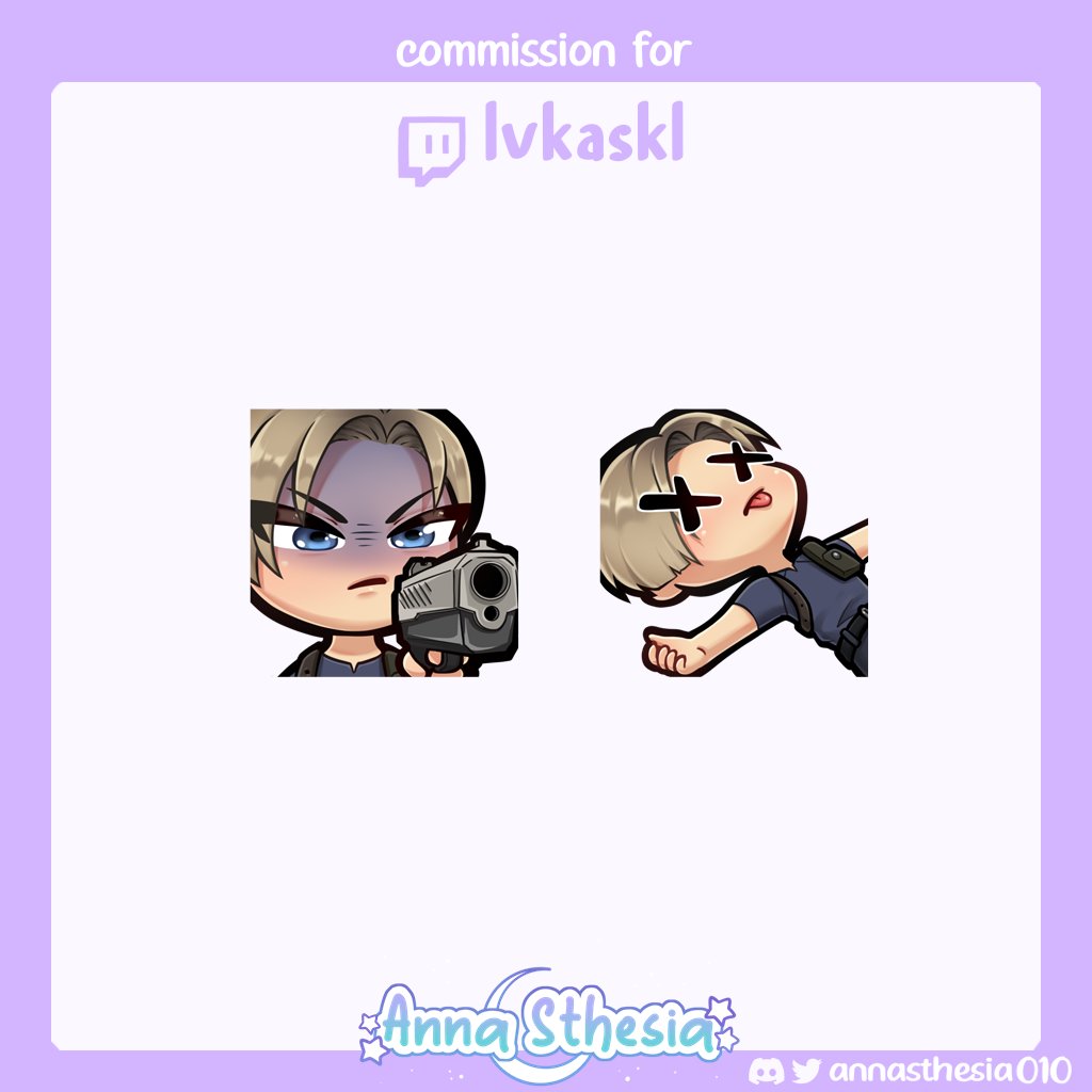 AnnaSthesia010's tweet photo. 🔫 Twitch emotes for @LvkasKL 🔫

#emotes #twitch #TwitchEmoteArtist #Commission  #ResidentEvil #LeonKennedy  #annasthesia https://t.co/qVwck33KTq