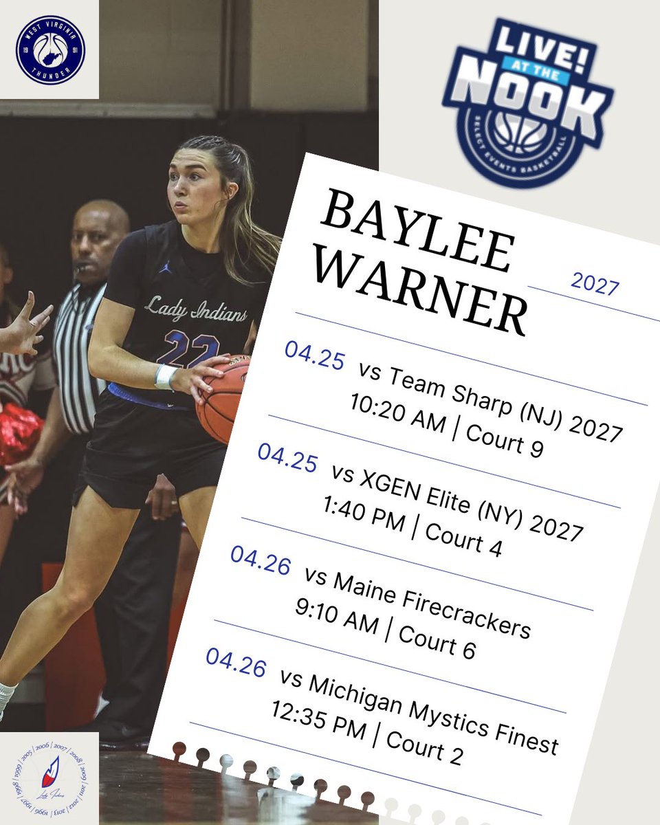 Montgomery County Lady Indians Basketball (@mchsladyhoops) on Twitter photo 2027 <a href="/baylee_warner1/">Baylee Warner</a> is in action this weekend at Spooky Nook 🏀
Check out her schedule below ⬇️ 2027 <a href="/baylee_warner1/">Baylee Warner</a> is in action this weekend at Spooky Nook 🏀
Check out her schedule below ⬇️