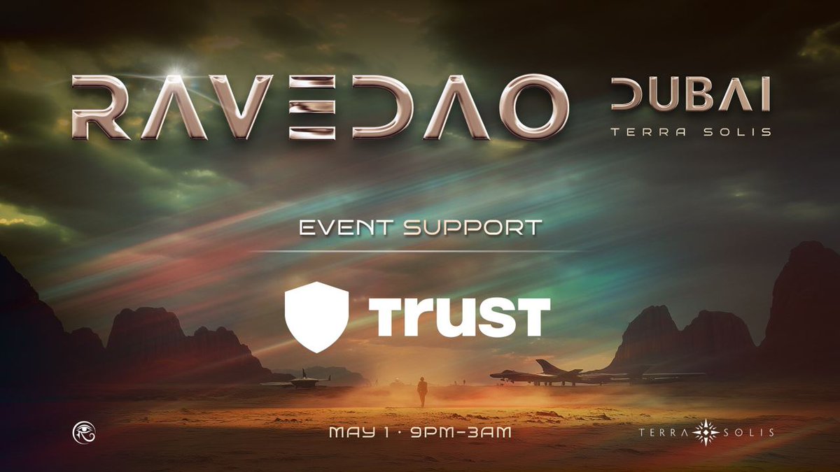 RaveDAO's tweet photo. 200M+ users. Zero limits. 🔐
@TrustWallet is backing #RaveDAO Dubai on May 1 at #TerraSolis.
Your keys. Your coins. Your peace of mind.
They keep it secure while we turn up the volume.
🎟️ Ticket up via @plvrio → https://t.co/fDK2gIn5mE
#TrustWallet #Token2049 #Token2049Dubai https://t.co/cxcmRfx2Eq