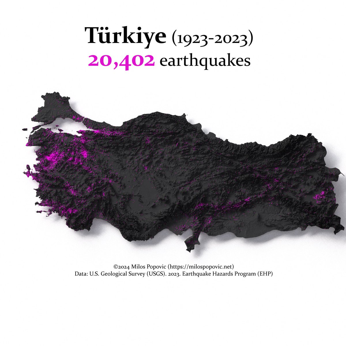 Istanbul’s latest quake is one of 20,402 onshore tremors I mapped in Türkiye from 1923-2023. This magenta-dotted history screams seismic risk. Are we ready for what’s next?