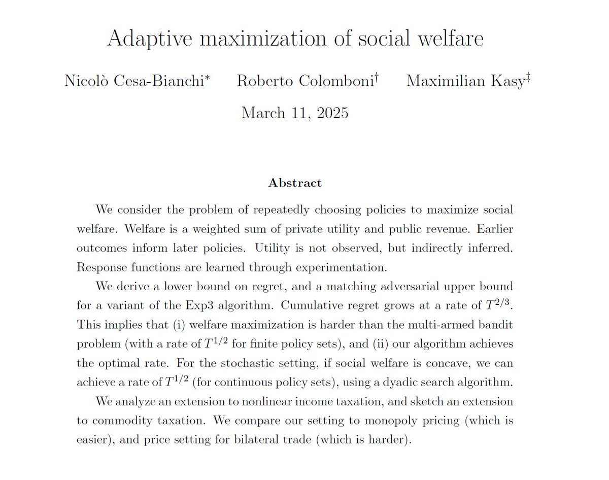 Econometrica (@ecmaeditors) on Twitter photo How can we design algorithms that maximize social welfare, rather than profits? This paper merges multi-armed bandits and adversarial learning with optimal tax theory and welfare economics. <a href="/maxkasy/">Maximilian Kasy</a> <a href="/NicoloCB/">Nicolò Cesa-Bianchi</a> @Rcolomboni econometricsociety.org/publications/e… How can we design algorithms that maximize social welfare, rather than profits? This paper merges multi-armed bandits and adversarial learning with optimal tax theory and welfare economics. <a href="/maxkasy/">Maximilian Kasy</a> <a href="/NicoloCB/">Nicolò Cesa-Bianchi</a> @Rcolomboni econometricsociety.org/publications/e…