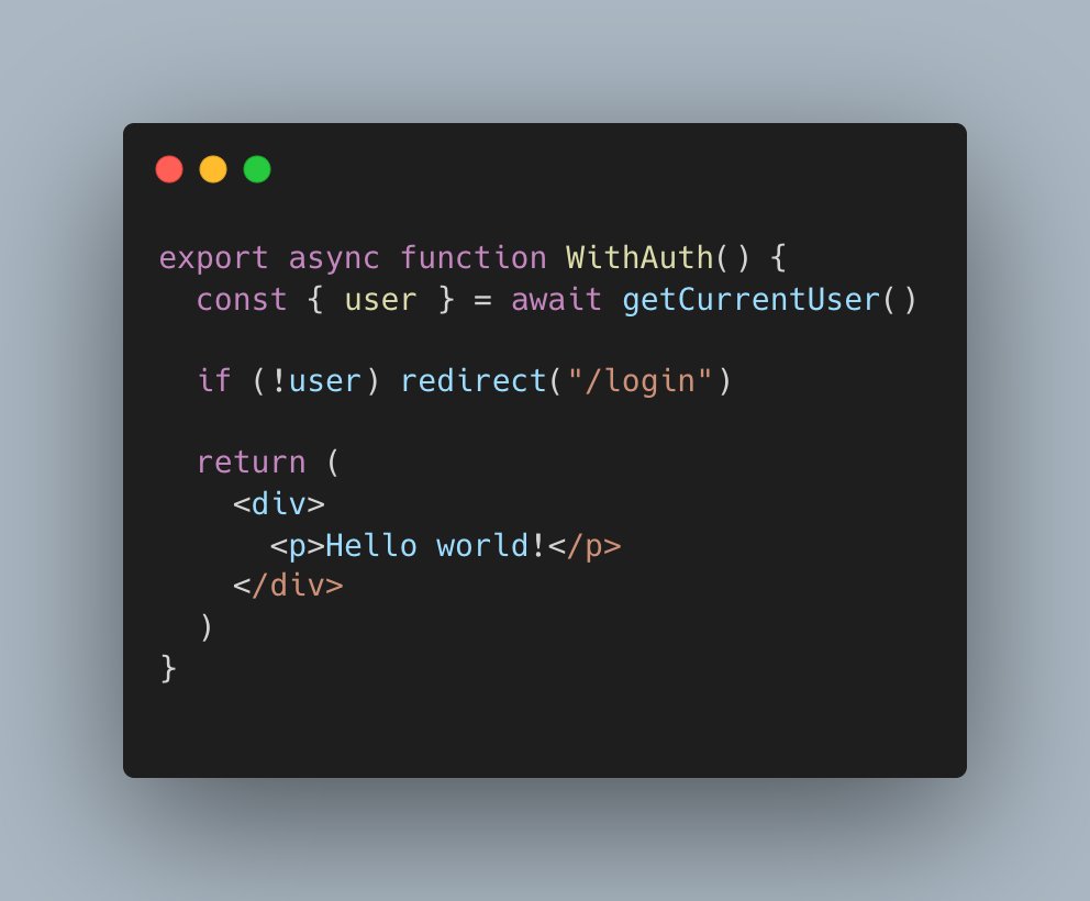 kewinversi's tweet image. Ever had to repeat the session check inside each page in Next?

Optimized react component for Authentication in Server Components

✅ DRY principles 
✅ Clean
✅ Functional

#SaaS #codeSnippets #tutorial