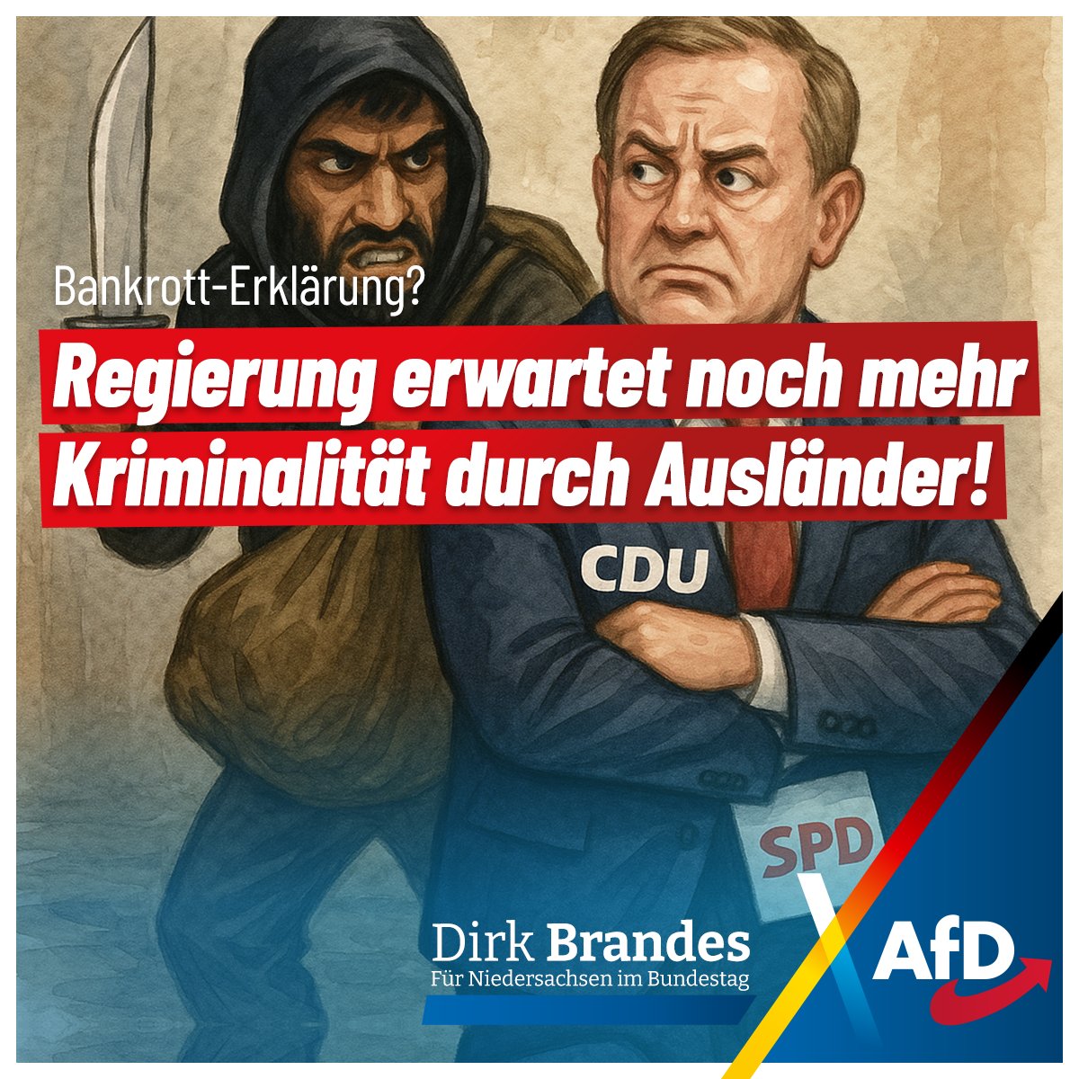 Die Bundesregierung erwartet steigende Ausländerkriminalität – und macht trotzdem weiter wie bisher. Wer in diesem Wissen weiter massenhaft junge Männer ins Land holt, gefährdet unsere Sicherheit bewusst.

🛑 Zeit für eine Wende. Zeit für die #AfD!