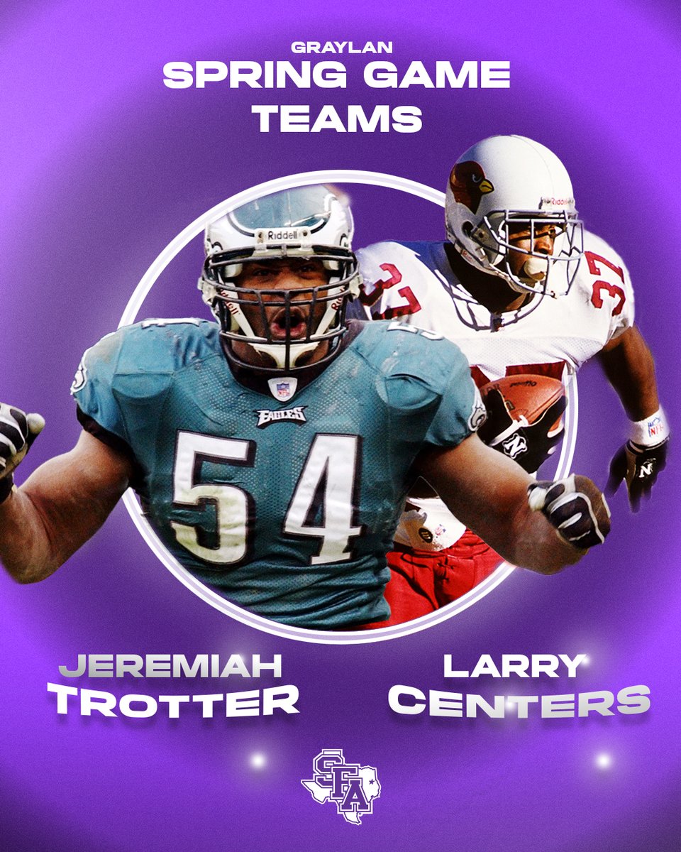 Lumberjack Football (@sfa_football) on Twitter photo The Axe Man and The Swiss Army Knife are coming back to The Piney Woods! 🌲
Team <a href="/JTrotter_54/">Jeremiah Trotter</a> vs. Team <a href="/larrycenters37/">Larry Centers</a> 👀
Don’t miss the Spring Game showdown — THIS SATURDAY!
#AxeEm x #EastTexasTough The Axe Man and The Swiss Army Knife are coming back to The Piney Woods! 🌲
Team <a href="/JTrotter_54/">Jeremiah Trotter</a> vs. Team <a href="/larrycenters37/">Larry Centers</a> 👀
Don’t miss the Spring Game showdown — THIS SATURDAY!
#AxeEm x #EastTexasTough