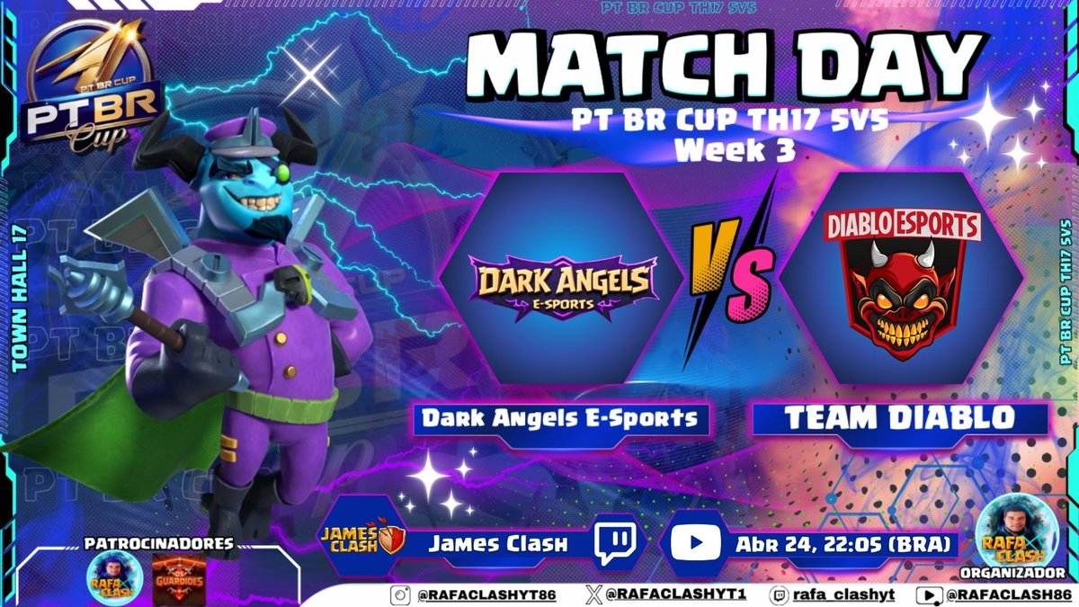 Vamos rumo a mais uma épica batalha, aja coração amigos❤️. Venha torcer com agente😉

Iniciaremos às 22:05h🇧🇷

Youtube: youtube.com/live/d5Cjea5kc…

Twitch: twitch.tv/jamesclashbr

<a href="/RAFACLASHYT1/">RAFA CLASH / PT BR CUP / RAFA CUP</a> <a href="/TeamDiabloFire/">Team Diablo</a>