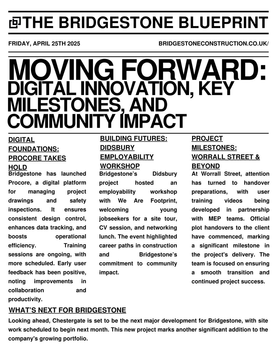 The April edition of Bridgestone Blueprint is out! 🚧 Check out the latest milestones, project updates, and what’s coming next. 👀 #bridgestoneblueprint #constructionnews #monthlyupdate