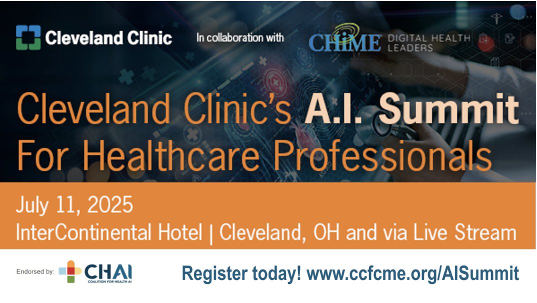 Jame Abraham, MD, FACP (@jamecancerdoc) on Twitter photo We are excited to announce the Inaugural <a href="/ClevelandClinic/">Cleveland Clinic</a> Artificial Intelligence Healthcare summit in July - in partnership with <a href="/CIOCHIME/">CHIME</a> Keynote speaker <a href="/drhew/">David Rhew</a> of <a href="/Microsoft/">Microsoft</a> clevelandclinicmeded.com/live/courses/a… Speakers including <a href="/anantm/">Anant Madabhushi</a> <a href="/AnthonyChangMD/">Dr Anthony Chang</a> <a href="/AndreaSikora/">Andrea Sikora</a> … We are excited to announce the Inaugural <a href="/ClevelandClinic/">Cleveland Clinic</a> Artificial Intelligence Healthcare summit in July - in partnership with <a href="/CIOCHIME/">CHIME</a> Keynote speaker <a href="/drhew/">David Rhew</a> of <a href="/Microsoft/">Microsoft</a> clevelandclinicmeded.com/live/courses/a… Speakers including <a href="/anantm/">Anant Madabhushi</a> <a href="/AnthonyChangMD/">Dr Anthony Chang</a> <a href="/AndreaSikora/">Andrea Sikora</a> …