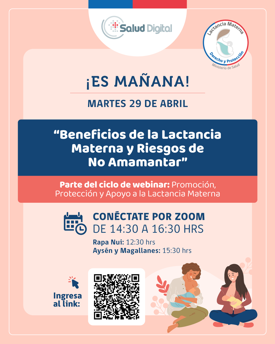 📌 Recuerda: mañana martes 29 de abril, a partir de las 14:30 horas, agenda la charla de la serie “Promoción, Protección y Apoyo a la Lactancia Materna”.

Link:
us02web.zoom.us/j/88516251636?…

Recuerda que estas charlas por zoom no solicitan códigos de acceso.