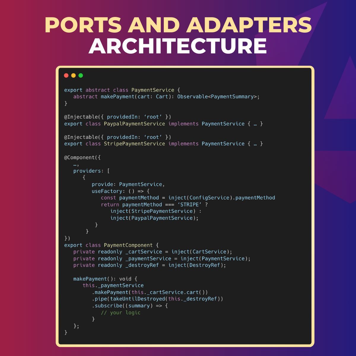 🎓 Ports and Adapters (or Hexagonal) architecture promotes a clear separation between business logic and external dependencies by using:

👉  ports - abstract interfaces that specify how the core application communicates with external systems. They can include services that