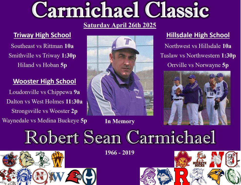 We are excited to host the 5th Annual Sean Carmichael Classic with our friends at Wooster HS and Hillsdale HS. 
Tickets are $5 for the whole day and all proceeds go to honor 2 ball players in Coach Carmichael’s name. We hope to see you at one or all of the sites this Saturday!