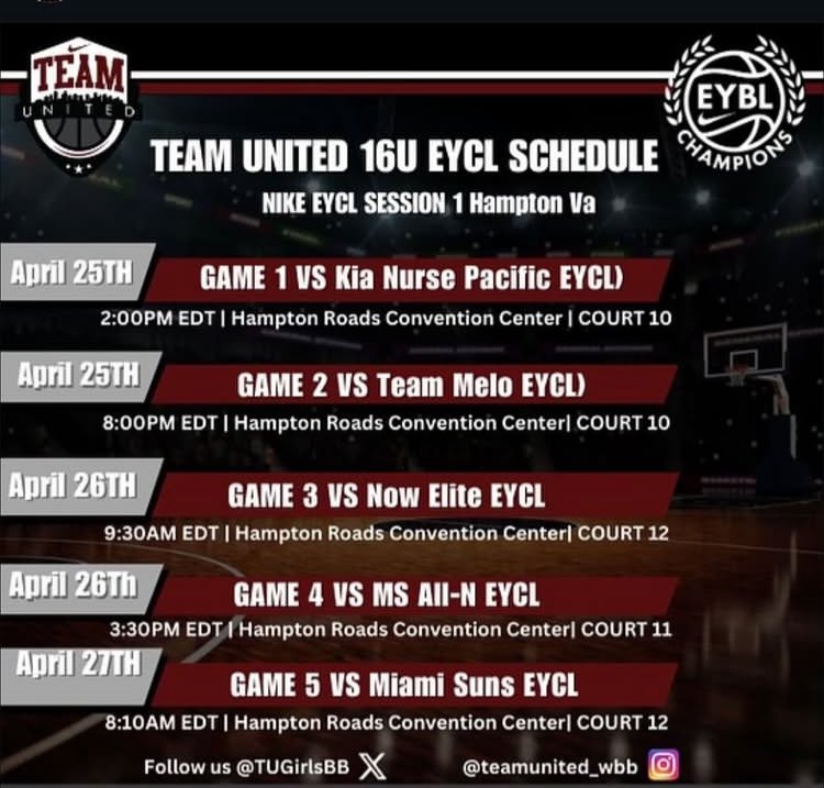 Coaches check out 2027 Rhegan Kent and her team in Hampton the weekend. 

Her schedule is below 
Team- Team United 16u
