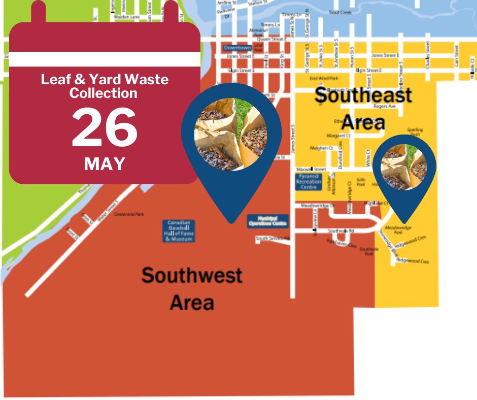 Curbside leaf and yard waste collection is taking place in the southeast and southwest parts of #StMarysON this Monday, May 26! 🍃
The next collection date for southeast and southwest parts of town is on Monday, June 23.
 Full schedule, map and details: townofstmarys.com/yardwaste