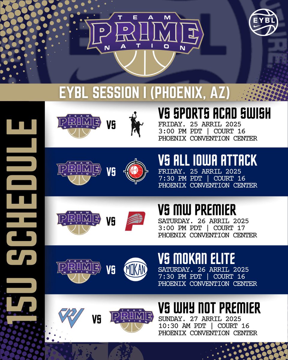 Team PRIME Nation GEYBL (@wiflightelite) on Twitter photo Desert vibes. EYBL heat. 🌵🔥
<a href="/NikeGirlsEYBL/">Nike Girls EYBL</a> Session I: Phoenix starts tomorrow!
Catch our 17u, 16u & 15u squads in action 🏀 #2025EYBL
📍Tournament schedule below ⬇️ Desert vibes. EYBL heat. 🌵🔥
<a href="/NikeGirlsEYBL/">Nike Girls EYBL</a> Session I: Phoenix starts tomorrow!
Catch our 17u, 16u & 15u squads in action 🏀 #2025EYBL
📍Tournament schedule below ⬇️