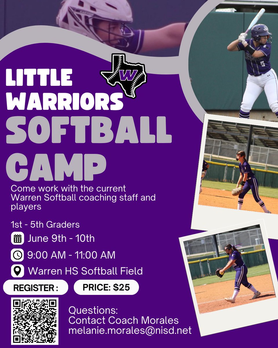 🥎 Warren Softball 🥎 (@warren_softball) on Twitter photo Calling all Little Warriors. Let coach Morales know if you are interested or have questions 💜🥎 <a href="/NISDRabaES/">Raba Elementary</a> <a href="/NISDEvers/">@NISDEvers</a> <a href="/NISDTimberwilde/">Timberwilde Elementary</a> <a href="/NISDCarlosCoon/">Carlos Coon Elementary</a> <a href="/NISDMyers/">Myers Elementary</a> <a href="/NISDElrod/">Elrod ES</a> <a href="/NISDFernandez/">Fernandez Elementary</a> Calling all Little Warriors. Let coach Morales know if you are interested or have questions 💜🥎 <a href="/NISDRabaES/">Raba Elementary</a> <a href="/NISDEvers/">@NISDEvers</a> <a href="/NISDTimberwilde/">Timberwilde Elementary</a> <a href="/NISDCarlosCoon/">Carlos Coon Elementary</a> <a href="/NISDMyers/">Myers Elementary</a> <a href="/NISDElrod/">Elrod ES</a> <a href="/NISDFernandez/">Fernandez Elementary</a>