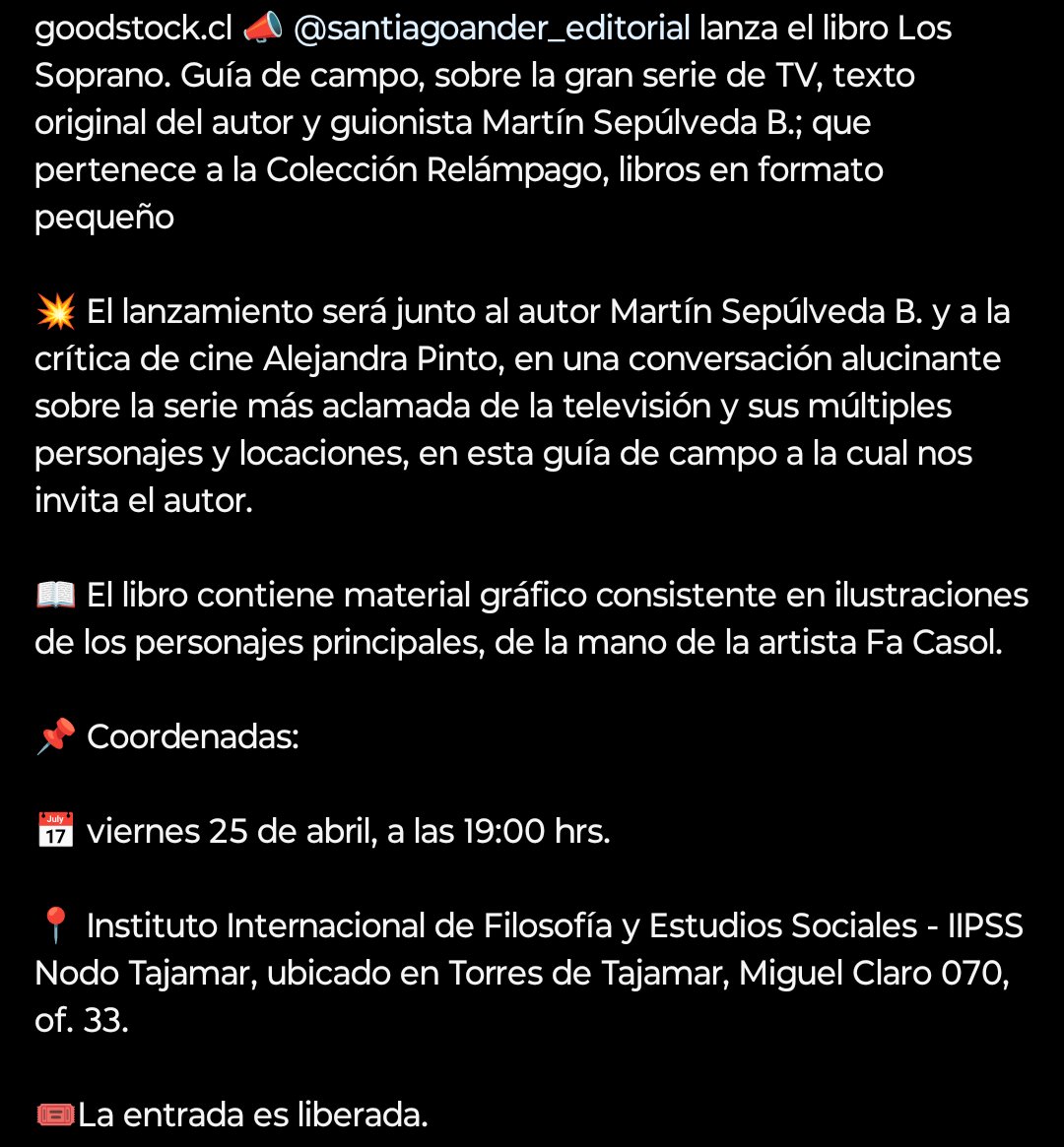 Santiago-Ander (@stgoandereditor) on Twitter photo Toda la info del lanzamiento del libro #LosSoprano. Guía de campo, del autor Martín Sepúlveda <a href="/Martinservible/">Martin Sepúlveda B.</a>, con ilustraciones de #FaCasol. Presenta Alejandra Pinto <a href="/Alepin2112/">Alejandra Pinto Lopez 🍉</a>, en <a href="/iipss_/">ًً</a>.
Vía <a href="/GoodStockRadio/">GOODSTOCK RADIO</a>. Saludos y gracias! 🥳📚🚀😎
#ColecciónRelámpago #LibrosDeBolsillo Toda la info del lanzamiento del libro #LosSoprano. Guía de campo, del autor Martín Sepúlveda <a href="/Martinservible/">Martin Sepúlveda B.</a>, con ilustraciones de #FaCasol. Presenta Alejandra Pinto <a href="/Alepin2112/">Alejandra Pinto Lopez 🍉</a>, en <a href="/iipss_/">ًً</a>.
Vía <a href="/GoodStockRadio/">GOODSTOCK RADIO</a>. Saludos y gracias! 🥳📚🚀😎
#ColecciónRelámpago #LibrosDeBolsillo