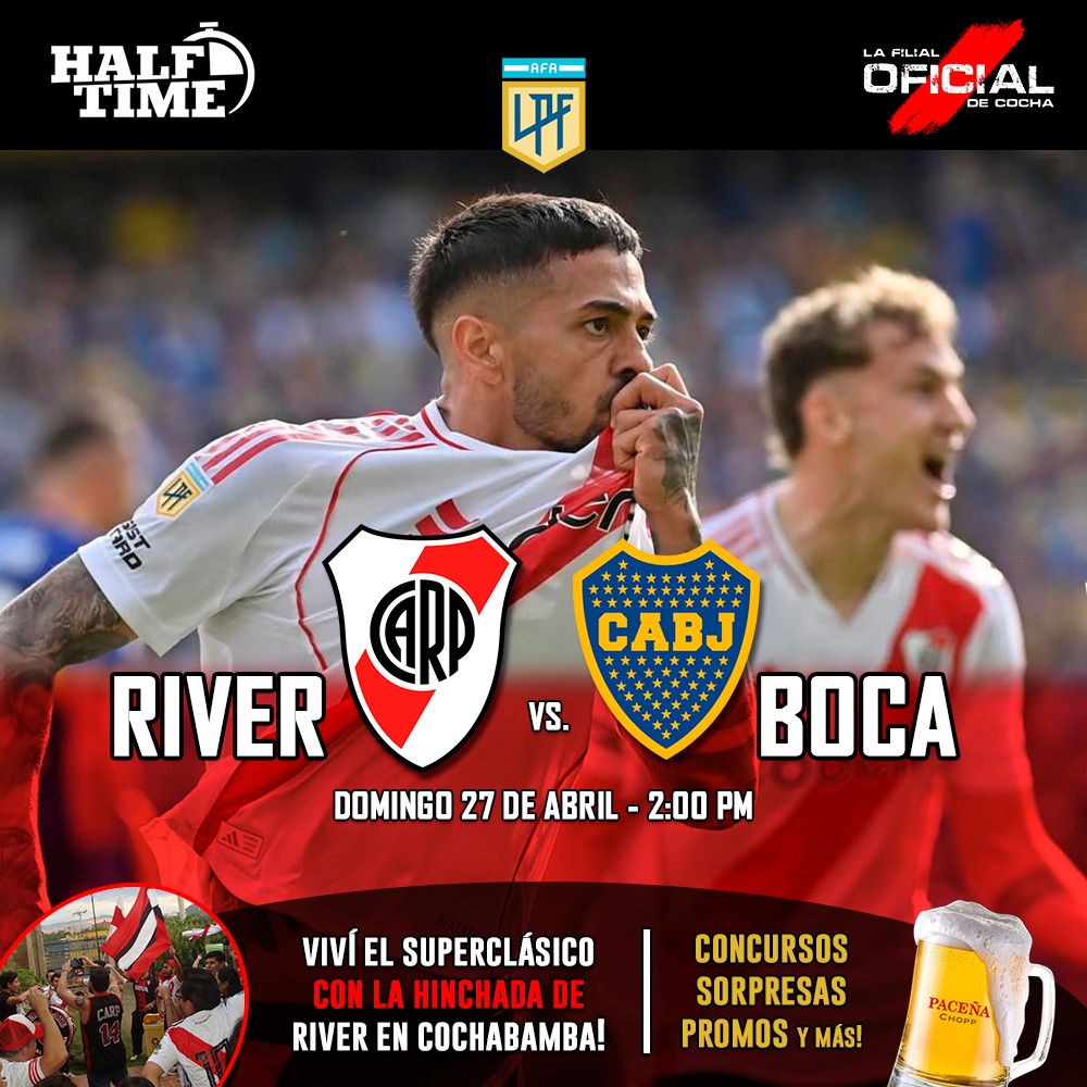 filialrivercbba's tweet photo. 🔥 Eres del Más Grande⚪🔴⚪ y vives en Cochabamba, alentemos juntos en el Superclásico!🗣🥁🇮🇩

📅 Domingo 27/4
🕛 2:00 PM
📍 Halftime - Sports Bar

🍻 El mejor ambiente, exclusivo para hinchas del Millo! Es tu oportunidad de vivir esta gran experiencia, te esperamos! 🔥⚽ https://t.co/OZNt07ubuh