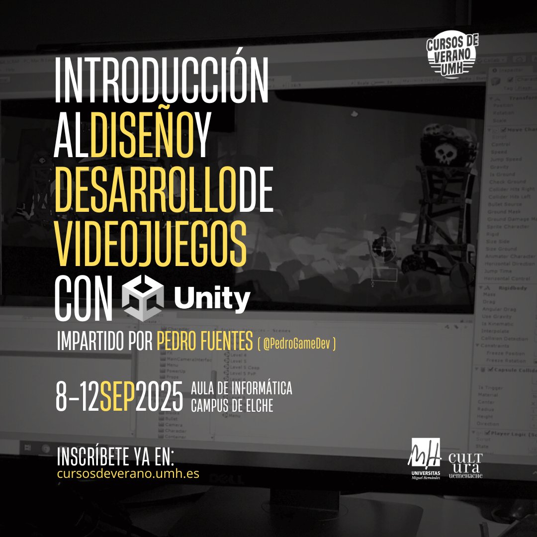 Si os interesa el diseño y desarrollo de videojuegos, voy a dar un curso en la <a href="/UniversidadMH/">UMH</a> ! Se realizará del 8 al 12 de septiembre de 17 a 21h. CORRED!!
Más info 👉 pedrogamedev.com/courses/