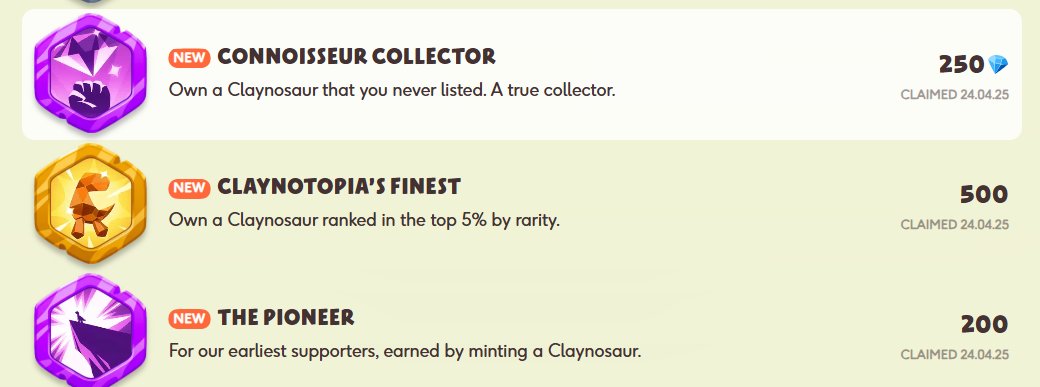 Bravo to the <a href="/Claynosaurz/">Claynosaurz</a> team! What an insane it has been to go through and claim these achievements.

Proud to say I own these three. Believer since day 1

This is just the beginning.