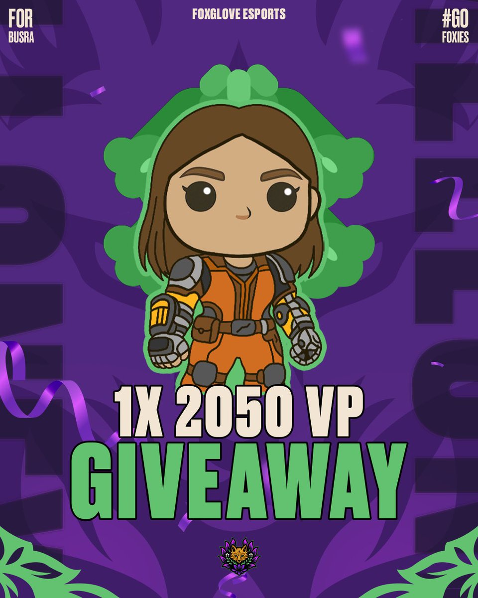 🚨 2050 VP GIVEAWAY 🚨

To enter the giveaway, follow me and my team <a href="/FoxgloveEsports/">Foxglove</a> and retweet this post! Deadline: April 30

#GoFoxies