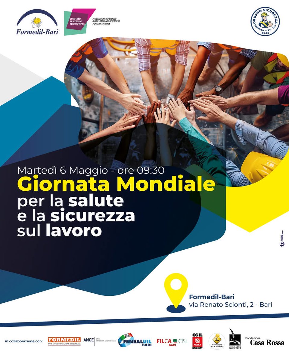 🔒 Sicurezza sul lavoro: al 𝗙𝗼𝗿𝗺𝗲𝗱𝗶𝗹 𝗕𝗮𝗿𝗶 un’esperienza formativa fuori dagli schemi
Martedì 𝟲 𝗺𝗮𝗴𝗴𝗶𝗼, il Formedil Bari ospiterà una giornata speciale dedicata alla salute e sicurezza sul lavoro.
Un’iniziativa 𝗰𝗼𝗻 𝗶𝗹 𝗖.𝗣.𝗧. 𝗣𝘂𝗴𝗹𝗶𝗮 𝗖𝗲𝗻𝘁𝗿𝗮𝗹𝗲