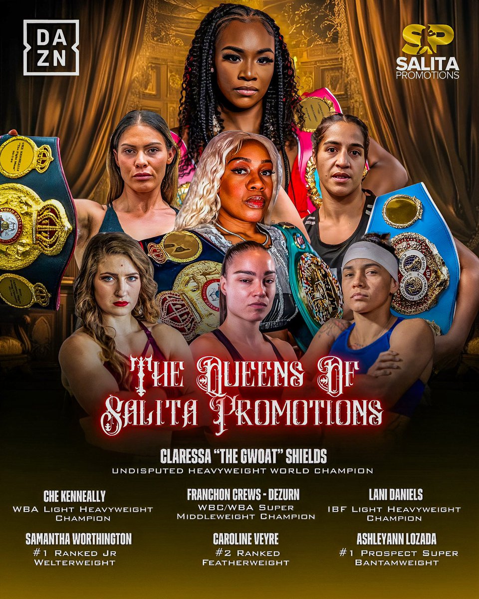 Salita Promotions adds two more elite world champions to star-studded roster ⭐️ 

Reigning IBF Light Heavyweight Champ Lani Daniels and WBA Light Heavyweight Champ Che Kenneally join roster with reigning undisputed champ Claressa Shields and super middleweight champ Crews-Dezurn.