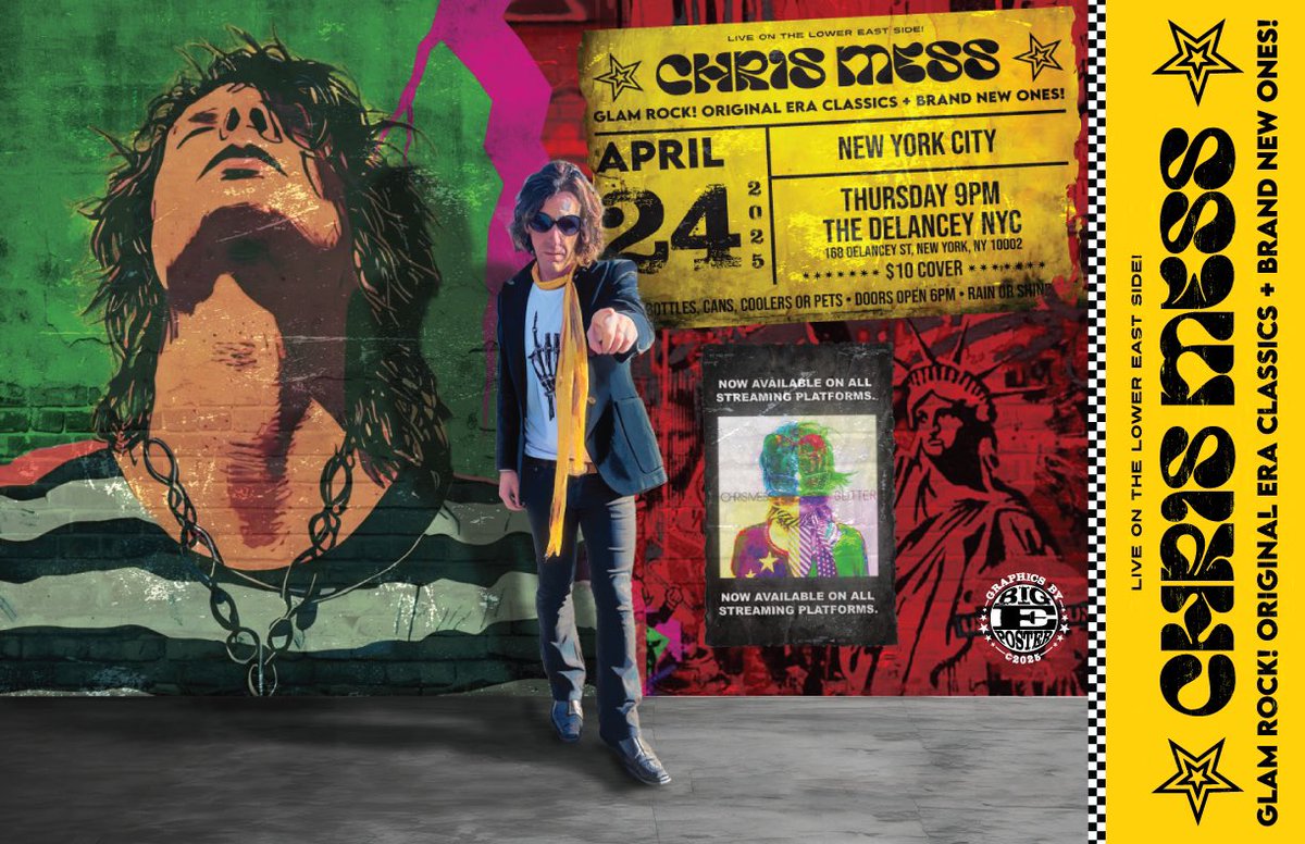 <a href="/ChrisMessRocks/">Chris Mess</a> will be live at The Delancey NYC (168 Delancey St) tonight Thu. Apr. 24, 9pm. Original era glam rock classics + brand new ones!🤘⚡️🎶🗽👨🏻‍🎤 Flyer <a href="/BigEDesign/">Ed Viars</a> #marcbolan  #davidbowie #trex #cheaptrick #glamrock #nycmusicians #nyclivemusic