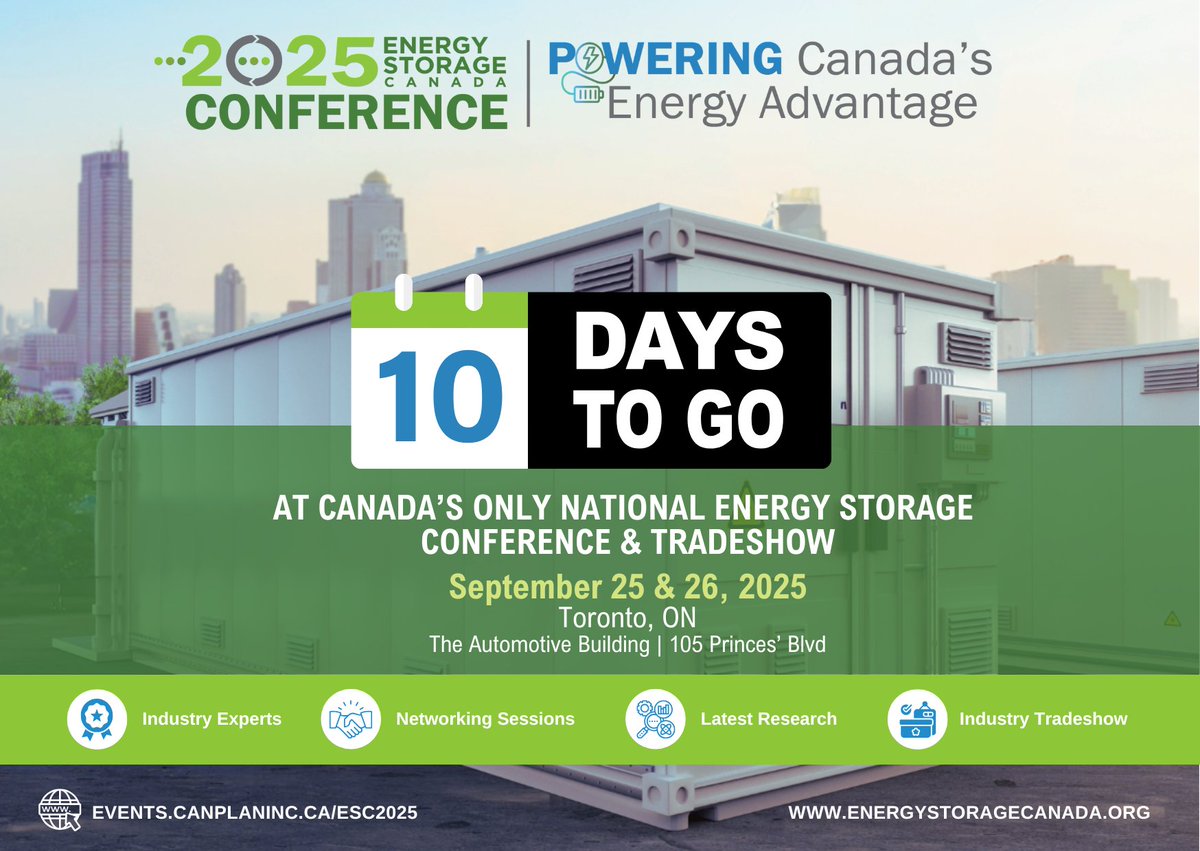 🚨Only 10 Days left 🚨 until #EarlyBird registration for #Canada's only national #EnergyStorage Conference opens, so be sure to mark your calendars for May 5, 2025! 🗓️

Details &amp; registration as available: events.canplaninc.ca/esc2025

#PoweringCanadasAdvantage #ESCCon2025
