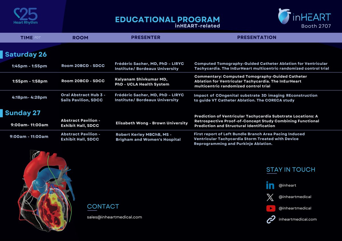Flying to San Diego this weekend for #HRS25? Be sure to visit inHEART at booth 2707 to discover how image integration can enhance your procedure workflow. And if you're interested in learning how the #inHEART solution is transforming cardiac care worldwide, don't miss the