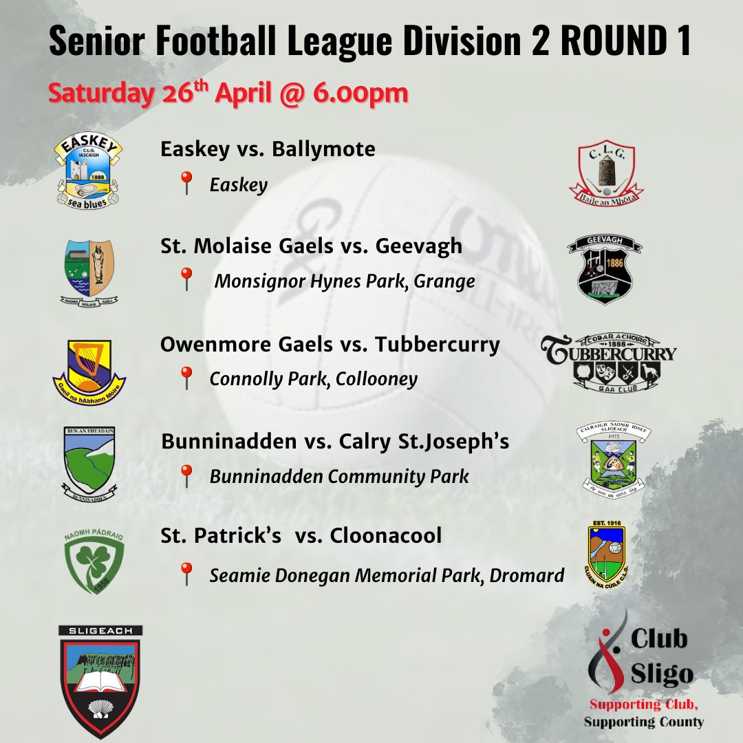 Division Two throws in on Saturday evening with all five games scheduled for 6.00pm.