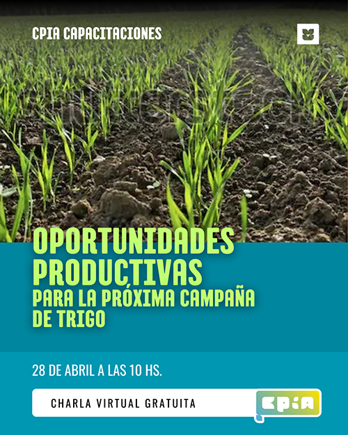 Hola. Los invito a la charla online el próximo lunes, requiere inscripción gratuita:

 Oportunidades productivas para la próxima campaña de trigo

📅 Lunes 28 DE ABRIL A LAS 10 HS.

▶️ FACILITADOR: Pablo Abbate 

👉🏽 INFO E INSCRIPCIÓN: elearning.cpia.org.ar/product/oportu…