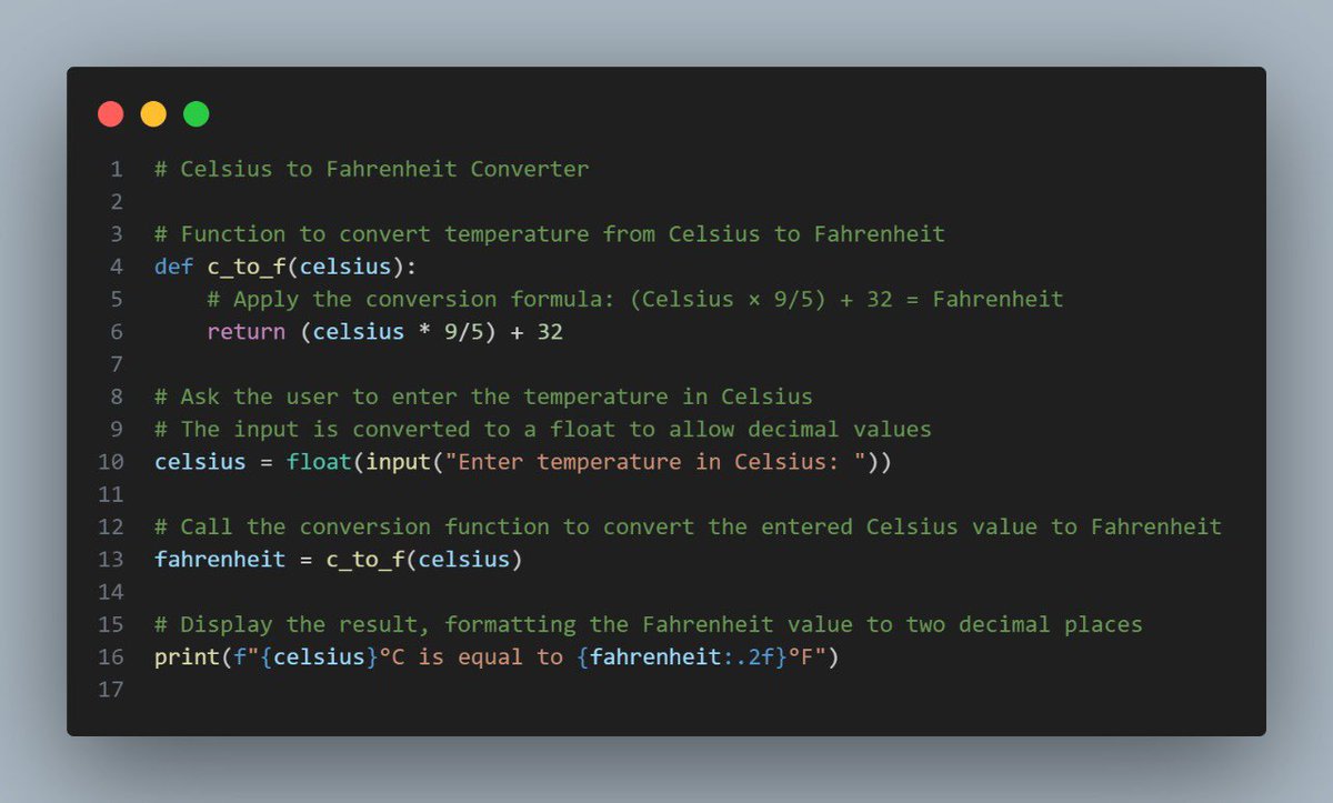 Pythonic_Sumit's tweet image. Day - 15

&quot;Just built a simple Celsius to Fahrenheit converter in Python today! 🔥❄️ Used the formula (C × 9/5) + 32 to convert temperatures. Small but satisfying project to practice my coding skills. #PythonProgramming #100DaysOfCode  #amici24 #NintendoSwitch2 #China #SB19