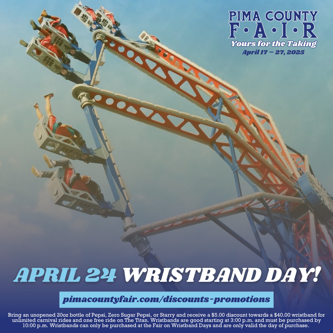 Today is our final Wristband Day!! Gates open at 3pm.

Visit our website below for a chance to win unlimited ride wristbands for today! pimacountyfair.com/contest/

We also have Game Day until closing - 5 games for only $15!

pimacountyfair.com/discounts-prom…