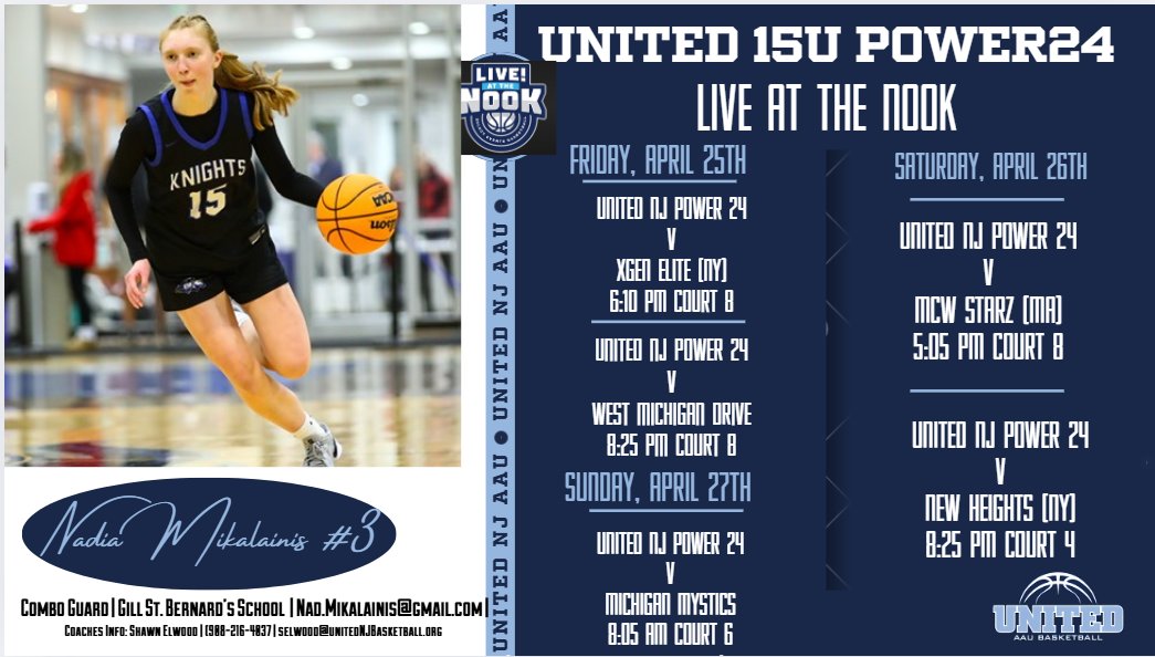 Nadia Mikalainis (@nadiamikalainis) on Twitter photo Here is my schedule for this weekend at Spooky Nook! Can't wait to compete with my team! <a href="/unitedNJaau/">United NJ AAU</a>
<a href="/coach_elwood/">Shawn Elwood</a>
<a href="/CoachJimmy_O/">Jimmy Ostaszewski</a>
<a href="/CoachGaba/">Coach Joe Gaba</a>
<a href="/GSB_WBB/">Knights WBB</a> Here is my schedule for this weekend at Spooky Nook! Can't wait to compete with my team! <a href="/unitedNJaau/">United NJ AAU</a>
<a href="/coach_elwood/">Shawn Elwood</a>
<a href="/CoachJimmy_O/">Jimmy Ostaszewski</a>
<a href="/CoachGaba/">Coach Joe Gaba</a>
<a href="/GSB_WBB/">Knights WBB</a>