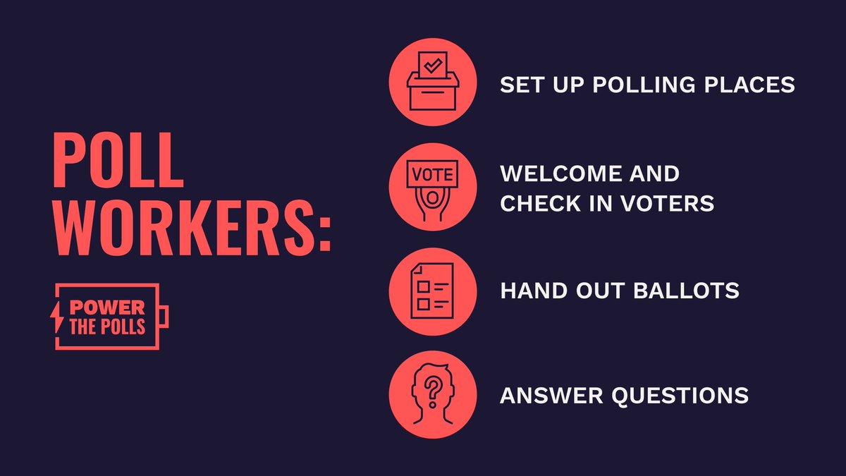 Poll workers have many responsibilities, and some are specific to jurisdiction or polling locations. But the most important thing poll workers do is to welcome voters at the polls—that way, every voter can cast their ballot. 

Learn more at powerthepolls.org 💫