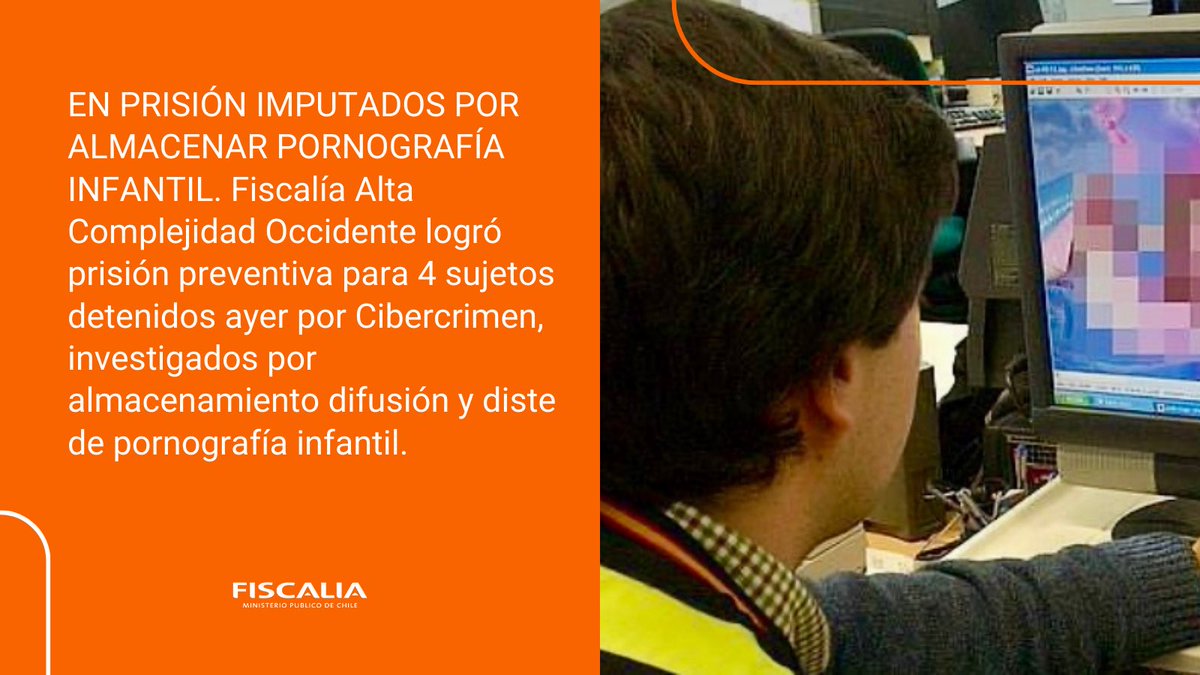 🔴PORNOGRAFÍA INFANTIL. La Fiscal Jefa de Alta Complejidad ⁦<a href="/Fisc_Occidente/">Fiscalía Metropolitana Occidente</a>⁩ Paulina Díaz logró hoy la prisión preventiva de 4 imputados, detenidos ayer por Cibercrimen ⁦<a href="/PDI_CHILE/">PDI Chile</a>⁩ por delito de almacenamiento y distribución de pornografía infantil. Plazo, 60 días.