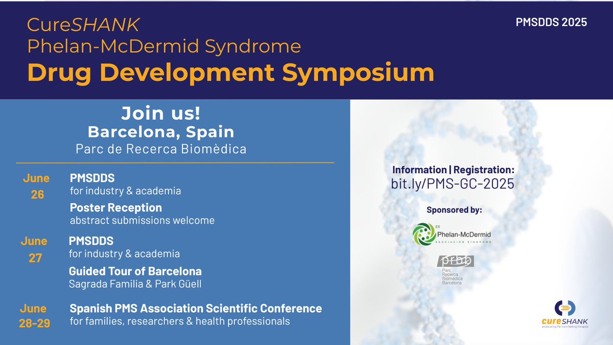 CureSHANK (@cureshank) on Twitter photo You're invited! Join us in Barcelona June 26-27 for the Phelan-McDermid Syndrome Drug Development Symposium. Learn the latest biomarkers, outcome measures & clinical trials developments, followed by <a href="/PhelanMcDermid/">Asociación Síndrome de Phelan McDermid España</a> Scientific Conference June 28-29. You're invited! Join us in Barcelona June 26-27 for the Phelan-McDermid Syndrome Drug Development Symposium. Learn the latest biomarkers, outcome measures & clinical trials developments, followed by <a href="/PhelanMcDermid/">Asociación Síndrome de Phelan McDermid España</a> Scientific Conference June 28-29.