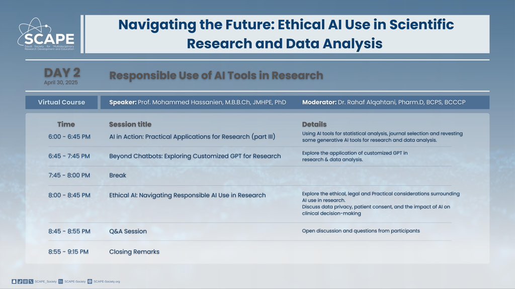 ودك تطور مهاراتك وتفهم كيف تستخدم الذكاء الاصطناعي بشكل أخلاقي في البحث العلمي؟

انضم لنا في الدورة الافتراضية "التوجه نحو المستقبل: الاستخدام الأخلاقي للذكاء الاصطناعي في البحث العلمي وتحليل البيانات" عبر منصة Zoom
 واللي راح تكون على يومين مليانين محتوى مميز! 

🗓 29 - 30 أبريل