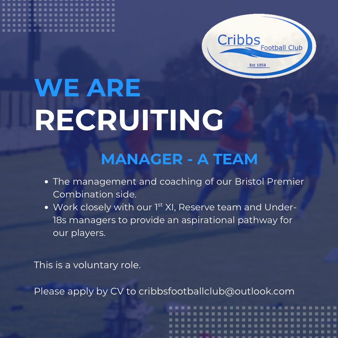 Cribbs Football Club (@cribbsfc) on Twitter photo ๐๐๐๐ง๐๐ ๐๐ซ - ๐ ๐๐๐๐ฆ๐
We are looking to recruit a manager for our A Team who play in the <a href="/_BPCL/">uhlsport Bristol Premier Combination</a>
#bristolfootball ๐๐๐๐ง๐๐ ๐๐ซ - ๐ ๐๐๐๐ฆ๐
We are looking to recruit a manager for our A Team who play in the <a href="/_BPCL/">uhlsport Bristol Premier Combination</a>
#bristolfootball