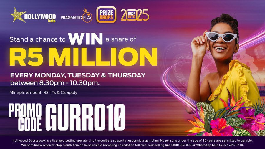 What are you betting on #Hollywoodbets? 💜

Stand a chance to win a share of R5 million 💵 in pragmatic play on #Hollywoodbets 💜

Competition runs every Monday, Tuesday &amp; Thursday between 8:30pm - 10:30pm 💥

Use promo code: GURRU10 or link in bio for R25 signup bonus + 50 Free