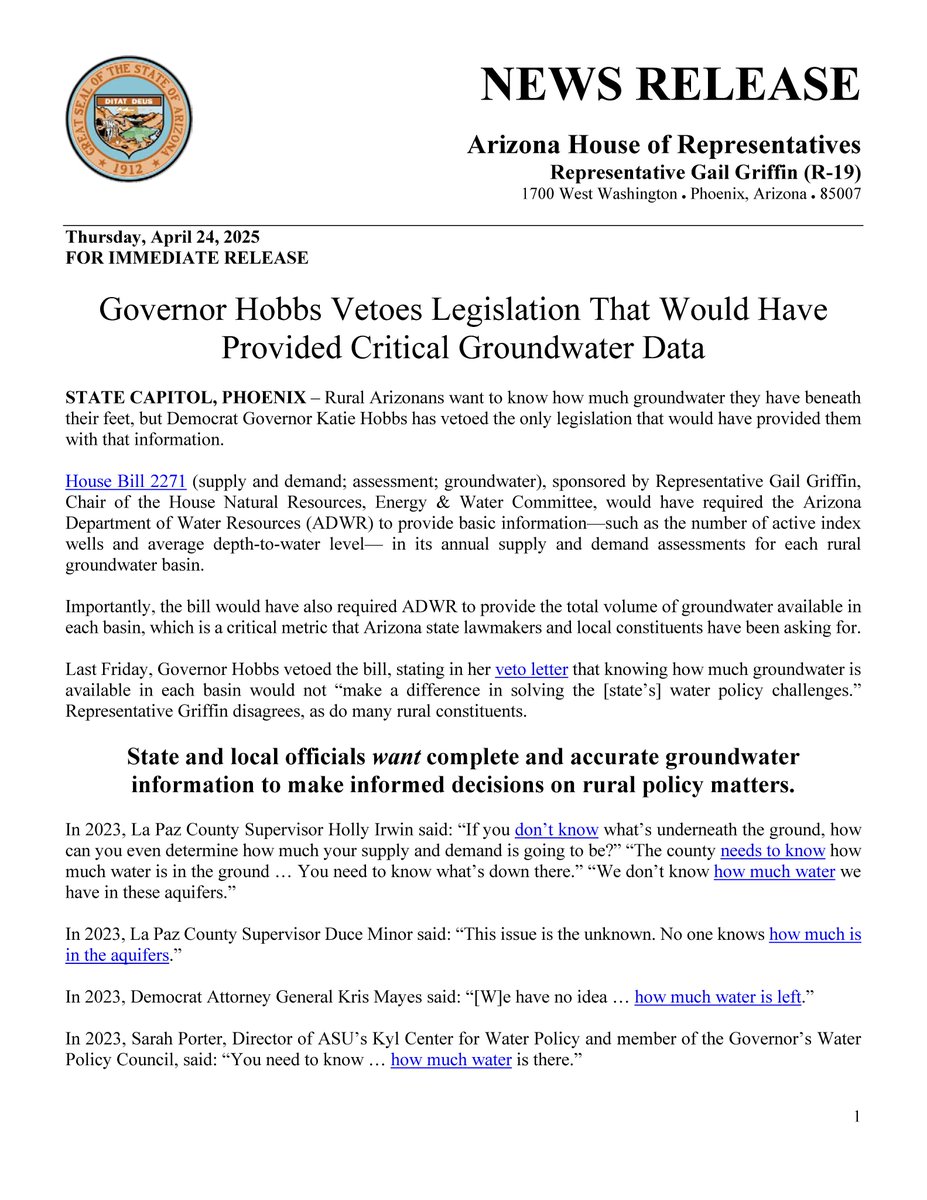 AZHouseGOP's tweet image. Governor Hobbs Vetoes Legislation That Would Have Provided Critical Groundwater Data

“If Governor Hobbs wants to make an informed, science-driven decision, then she should be asking for this information too. She should stop listening to the radical extremists, take the time to…