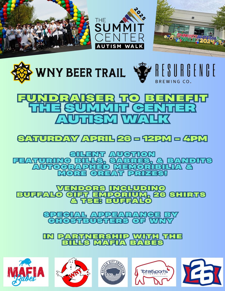 We can’t wait for the Build Foundations Fundraiser hosted by our Community Sponsor @WNY_Beer _Trail! Join us this Saturday from 12-4 p.m. at Resurgence. The event will include a silent auction, basket raffles, and special guests. Proceeds benefit this year’s Autism Walk!