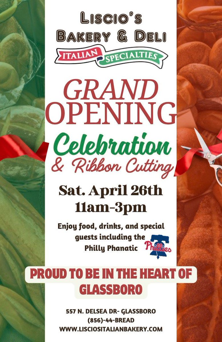 🎉 Just 2 days to go!
Join us this Saturday (4/26) from 11AM–3PM for our Grand Opening in Glassboro!
Food, drinks &amp; a visit from the Philly Phanatic—don’t miss it! 🥖🎈

📍 557 N Delsea Dr
#LisciosBakery #GrandOpening #PhillyPhanatic