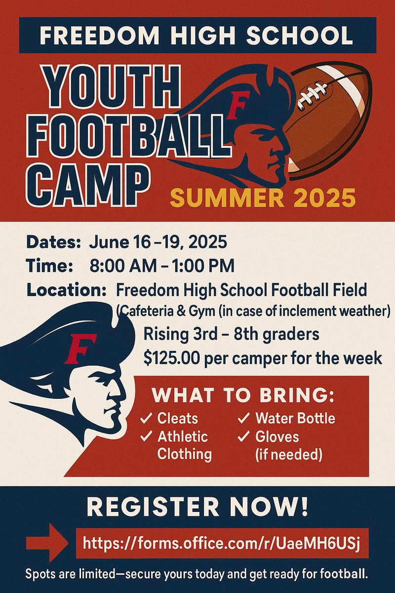 I am beyond pleased to announce the first annual Junior Patriots Camp at Freedom High School this summer.  Reach out if you have any questions or need more info!